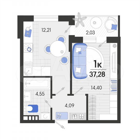 1-к. квартира, 37,3 м², 3/7 эт.