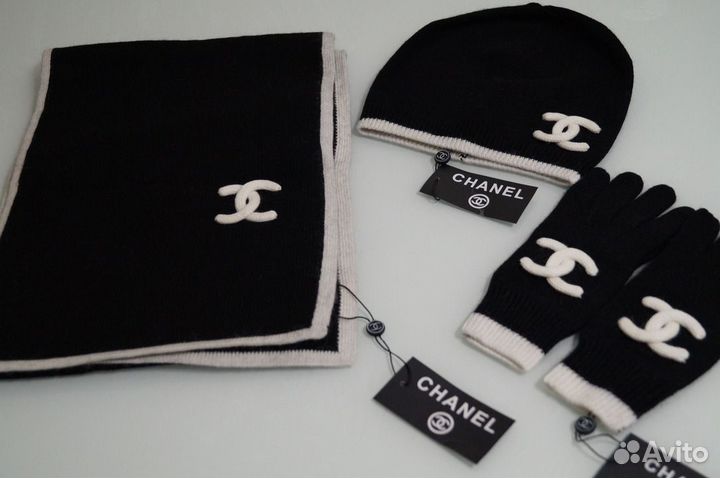 Chanel шапка+шарф+перчатки