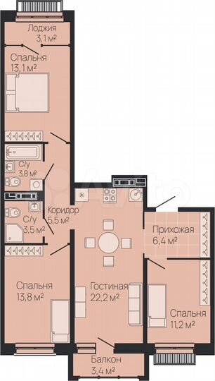3-к. квартира, 81,9 м², 7/13 эт.