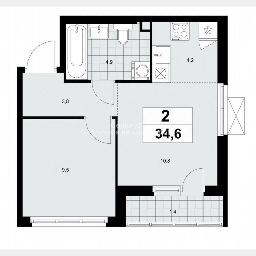 1-к. квартира, 34,6 м², 2/16 эт.