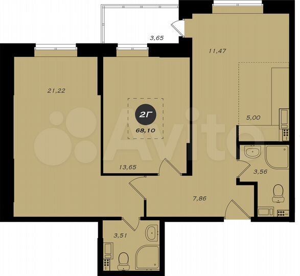 2-к. квартира, 68,1 м², 1/22 эт.