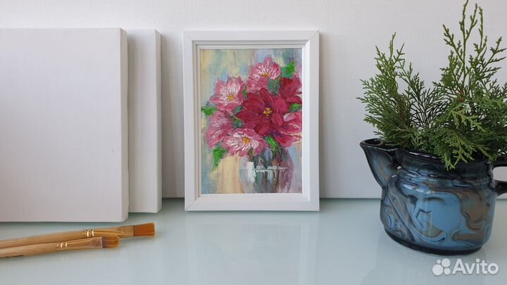 Картина букет пионов 13х18см в раме масло холст