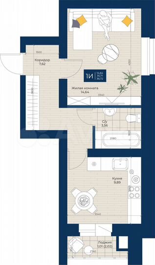 1-к. квартира, 36,7 м², 5/5 эт.