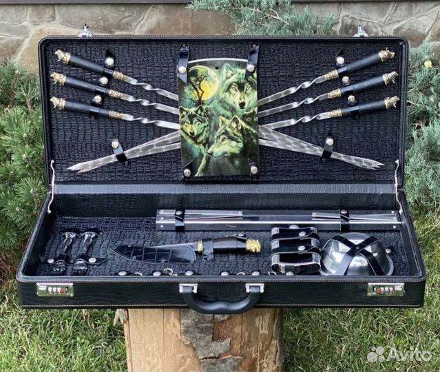 Набор шампуров в кейсе кож/зам + кожа 
