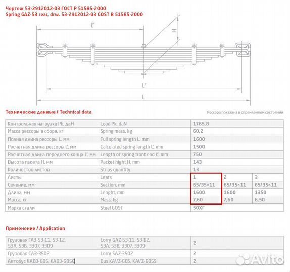 Лист рессоры задней № 1 газ 53А чмз