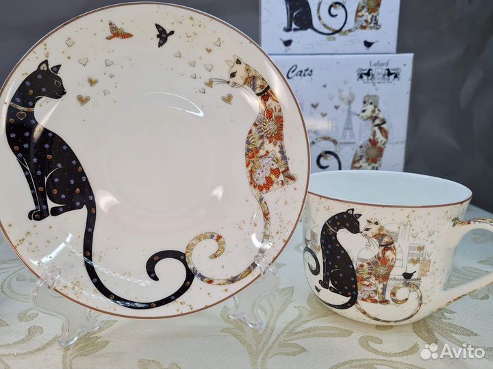 Кружки, чайные пары Парижские коты Костяной фарфор