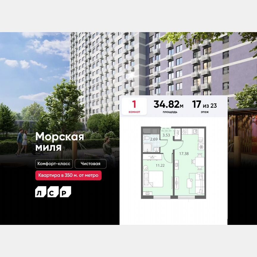 1-к. квартира, 34,8 м², 17/23 эт.