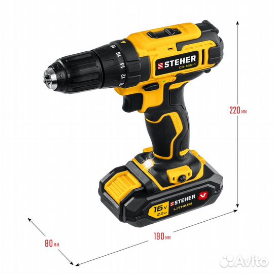 CD-160-1 steher 16В, 1 АКБ (2Ач), в кейсе, дрель-ш