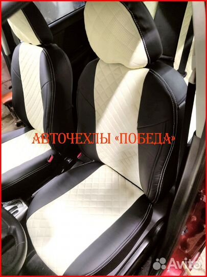 Чехлы Nissan Note из экокожи чёрно-бежевые Ромб