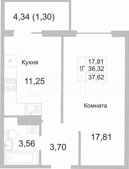 1-к. квартира, 37,6 м², 9/9 эт.
