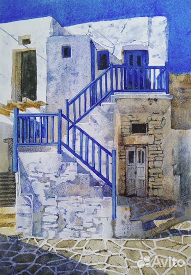 Картина, акварель. Домик в Миконосе