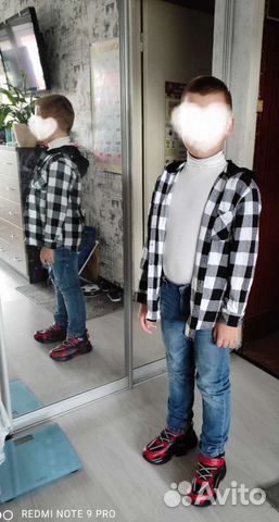 Рубашка в клетку с капюшоном р. 128