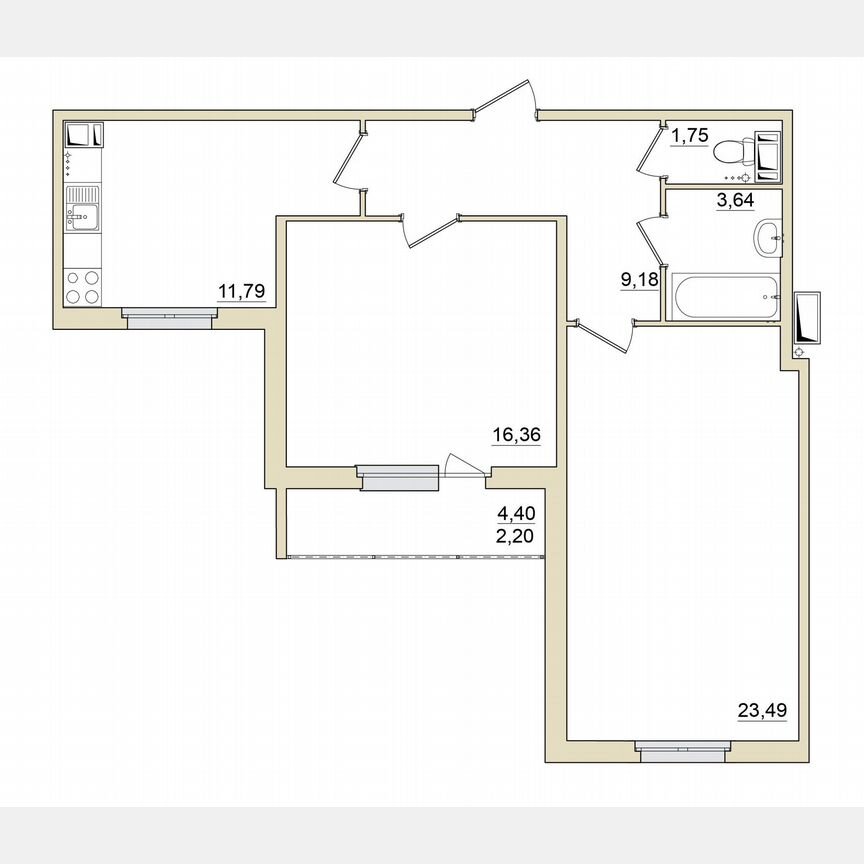 2-к. квартира, 68,4 м², 3/6 эт.