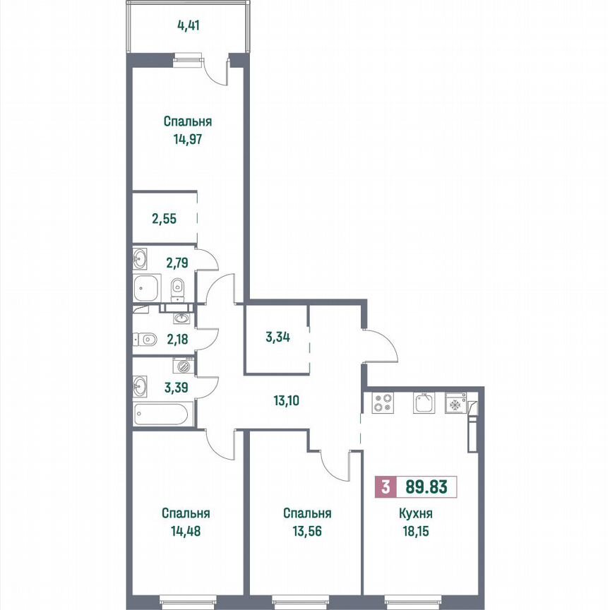 3-к. квартира, 89,8 м², 10/16 эт.