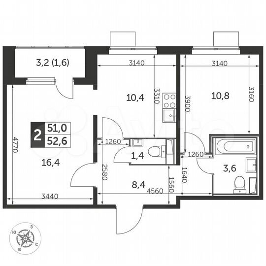 2-к. квартира, 52,6 м², 25/25 эт.