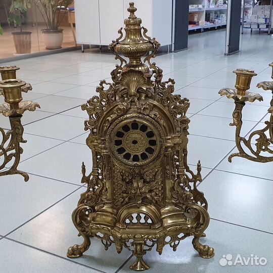 Пара подсвечников + часы, бронза, Италия