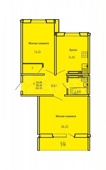 2-к. квартира, 62,2 м², 1/17 эт.
