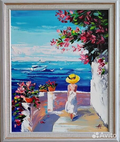 Картина холст масло море лето девушка 48*58