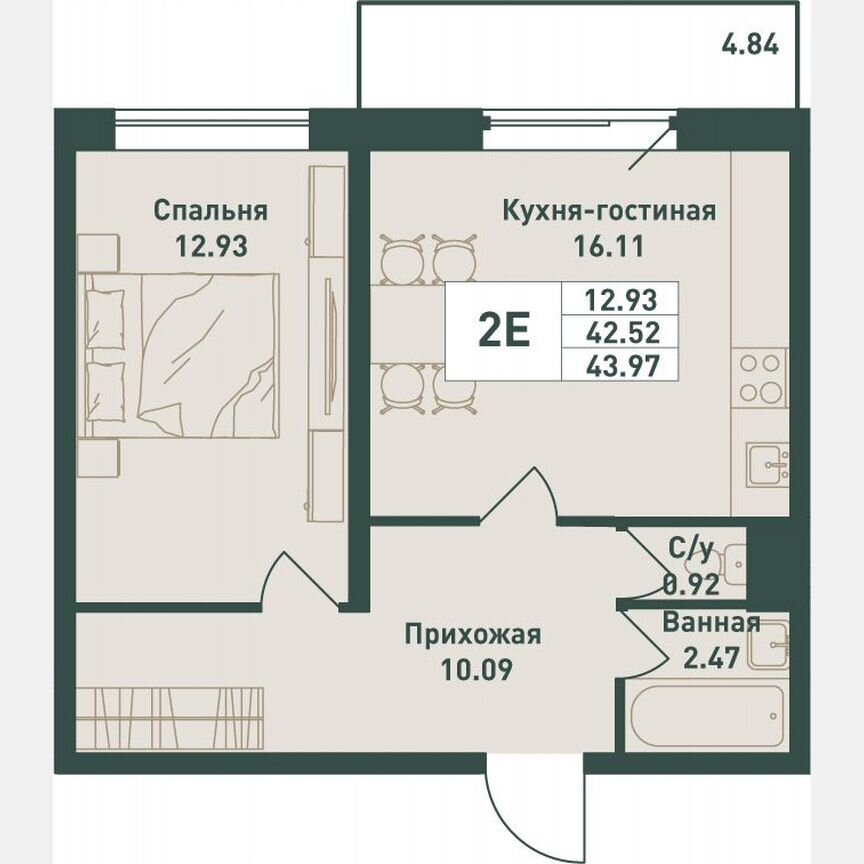 2-к. квартира, 44 м², 15/16 эт.