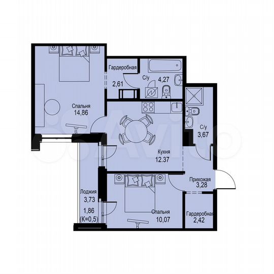 2-к. квартира, 55,4 м², 3/12 эт.