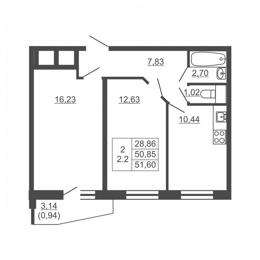 2-к. квартира, 51,6 м², 9/16 эт.