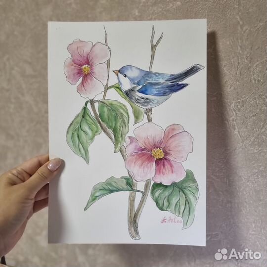 Картина с птицей и цветами акварель цветы птичка