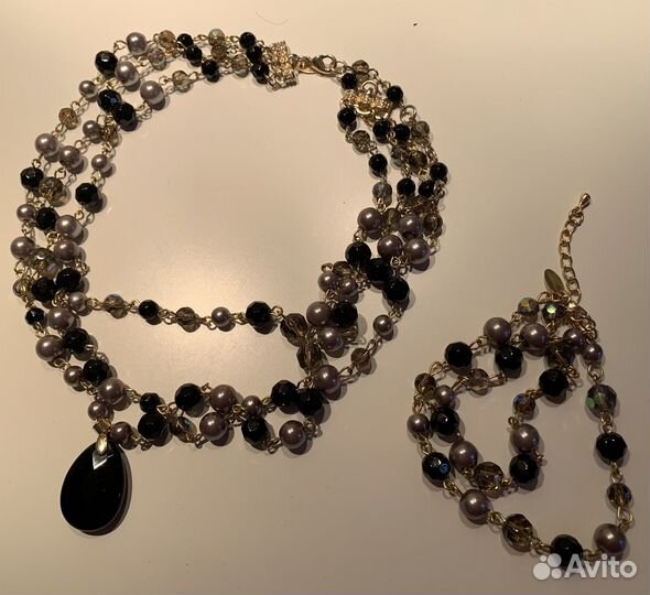 Колье - 3 нитки с агатом и браслет