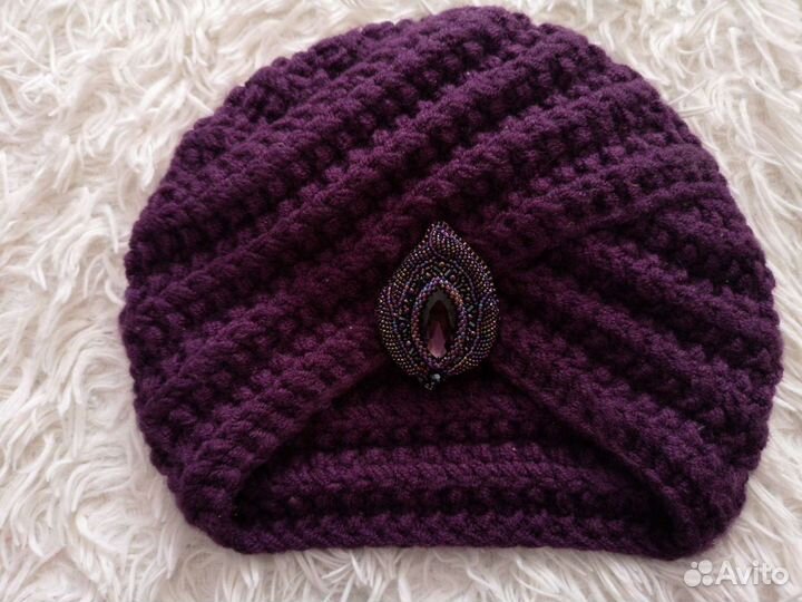 Вязаный тюрбан с брошью и снуд ручная работа