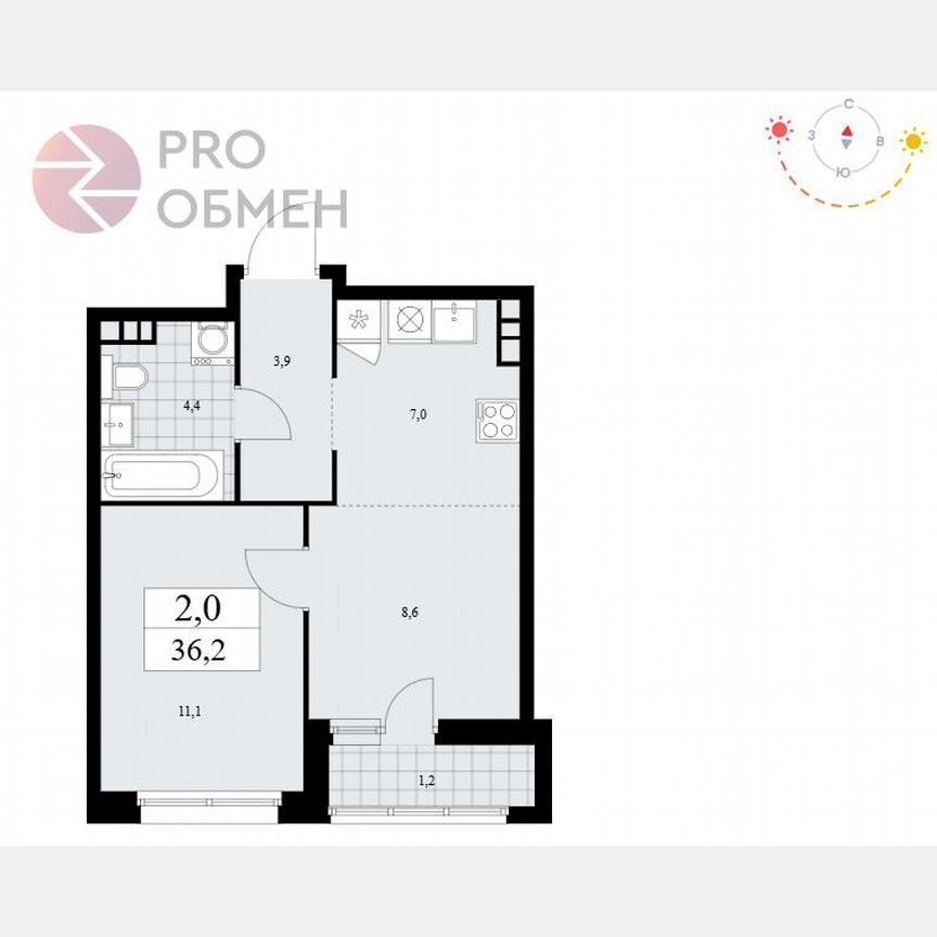 2-к. квартира, 36,2 м², 5/14 эт.