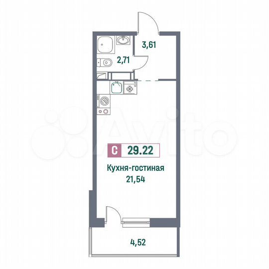 Квартира-студия, 29,2 м², 3/16 эт.