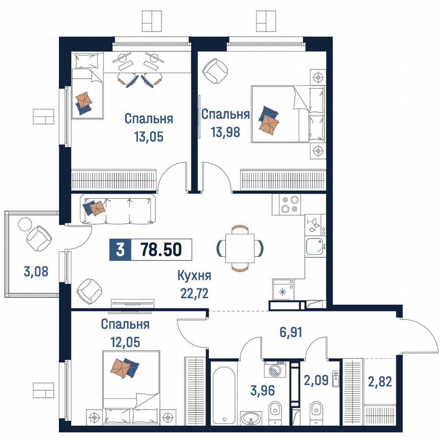 3-к. квартира, 78,5 м², 9/18 эт.
