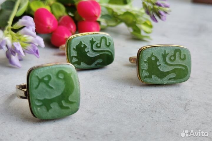 Редкие кольцо, запонки, серебро 875, нефрит