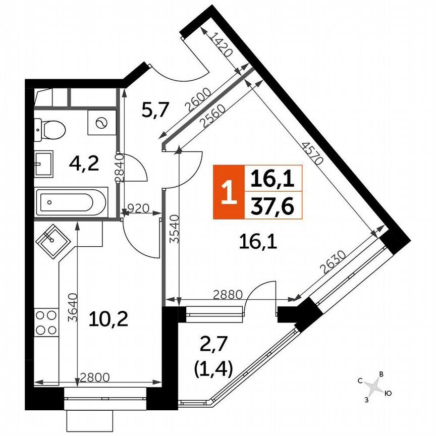 1-к. квартира, 37,6 м², 4/4 эт.