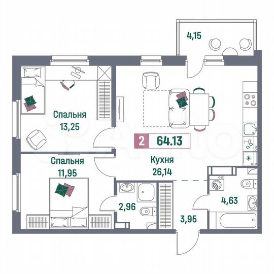 2-к. квартира, 64,1 м², 5/16 эт.
