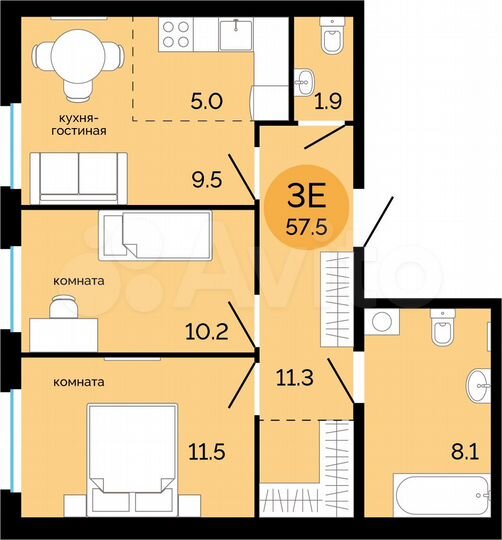 3-к. квартира, 57,5 м², 13/14 эт.