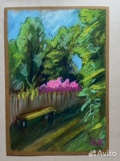 Картина пейзаж цветы деревья 21х29 рисунок