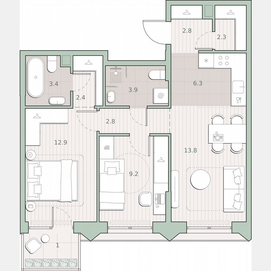 2-к. квартира, 60,8 м², 11/13 эт.