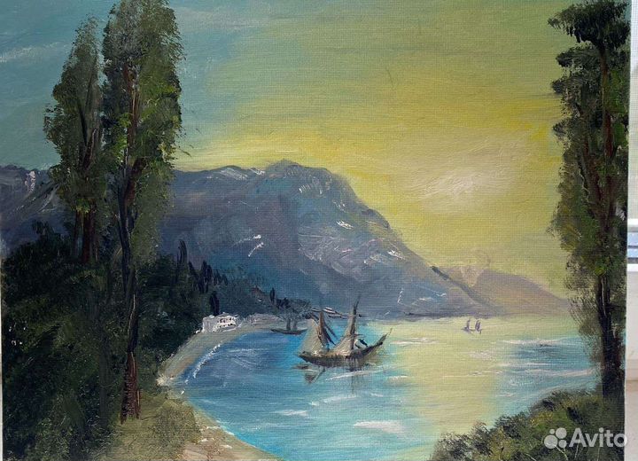Картина маслом на холсте море корабль горы