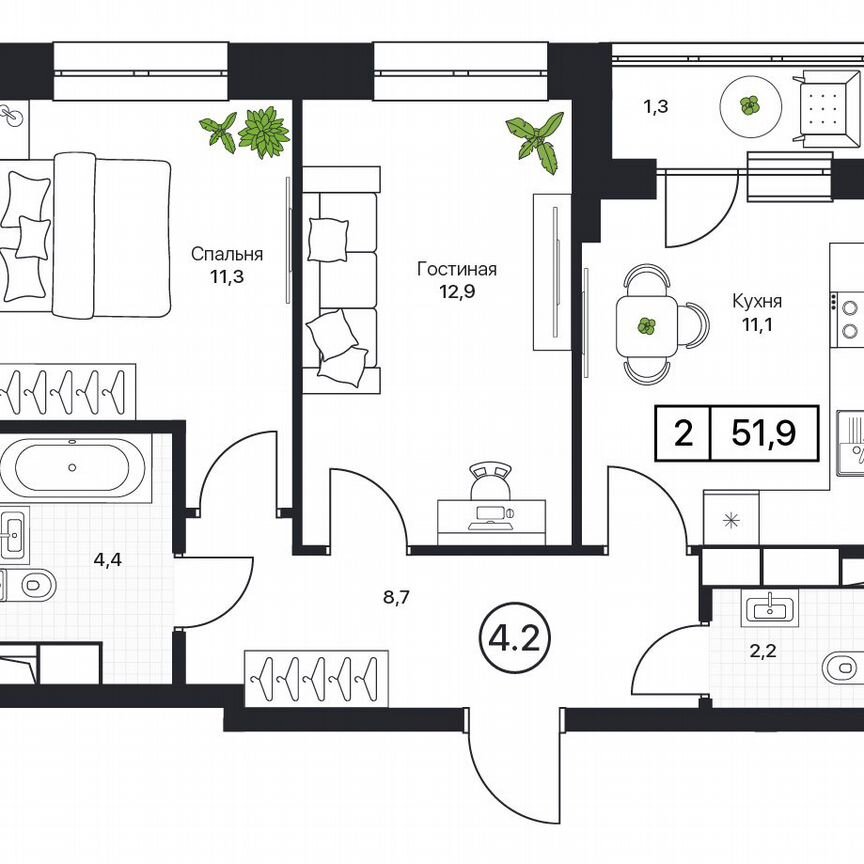 2-к. квартира, 51,9 м², 11/17 эт.