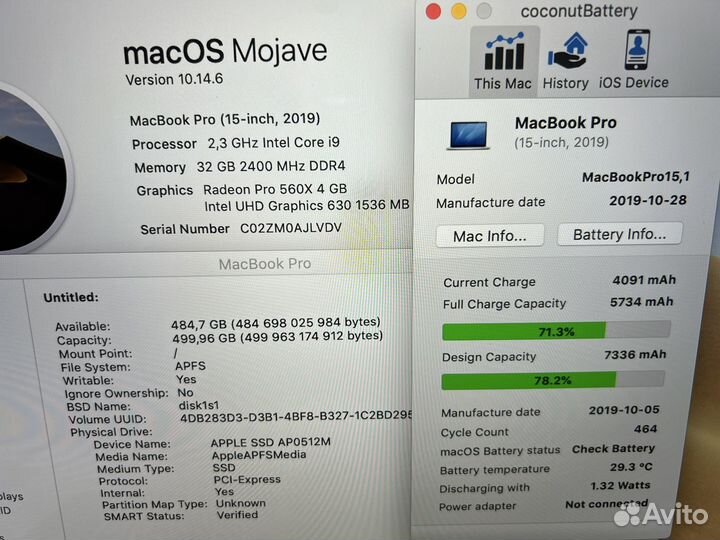 MacBook Pro 15 2019 i9/32GB/464 цикла