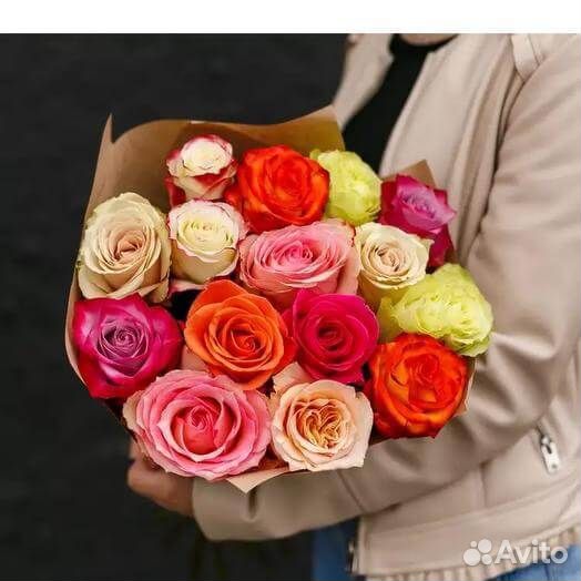 Букет разноцветных роз, Эквадор, 50см 35 шт