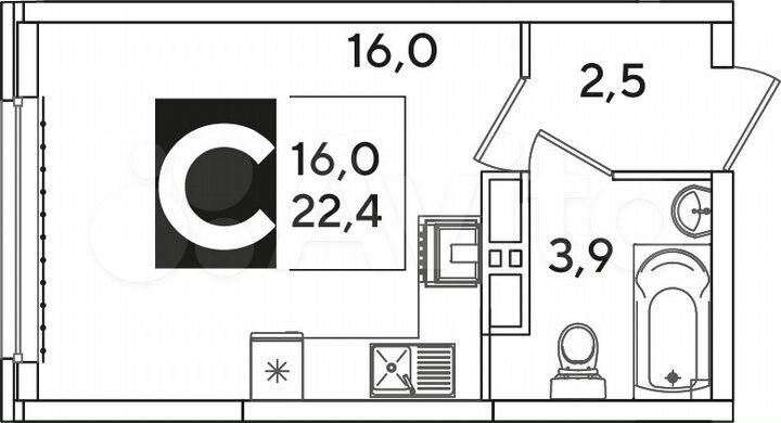 Квартира-студия, 22,4 м², 12/16 эт.