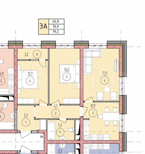 3-к. квартира, 79,2 м², 11/19 эт.
