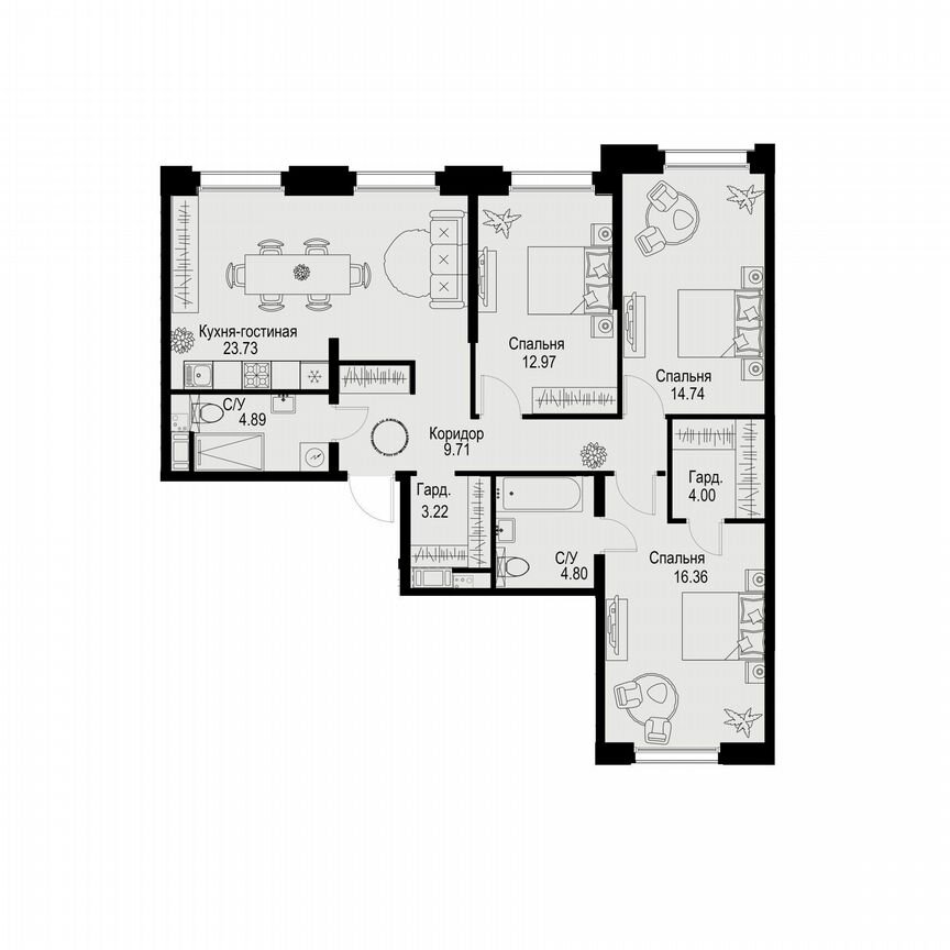 3-к. квартира, 94,4 м², 3/6 эт.