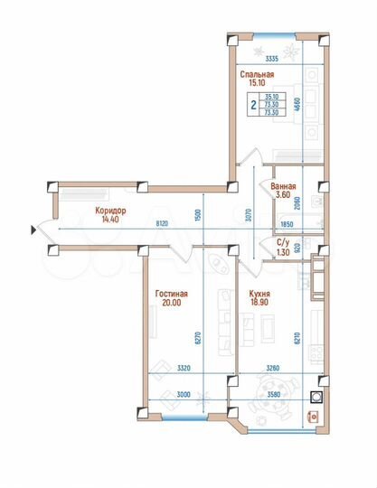 2-к. квартира, 73,3 м², 5/8 эт.