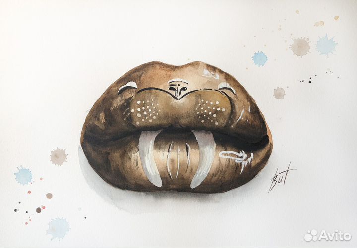 Картина Губы Морж Акварелью Сюрреализм 21х30