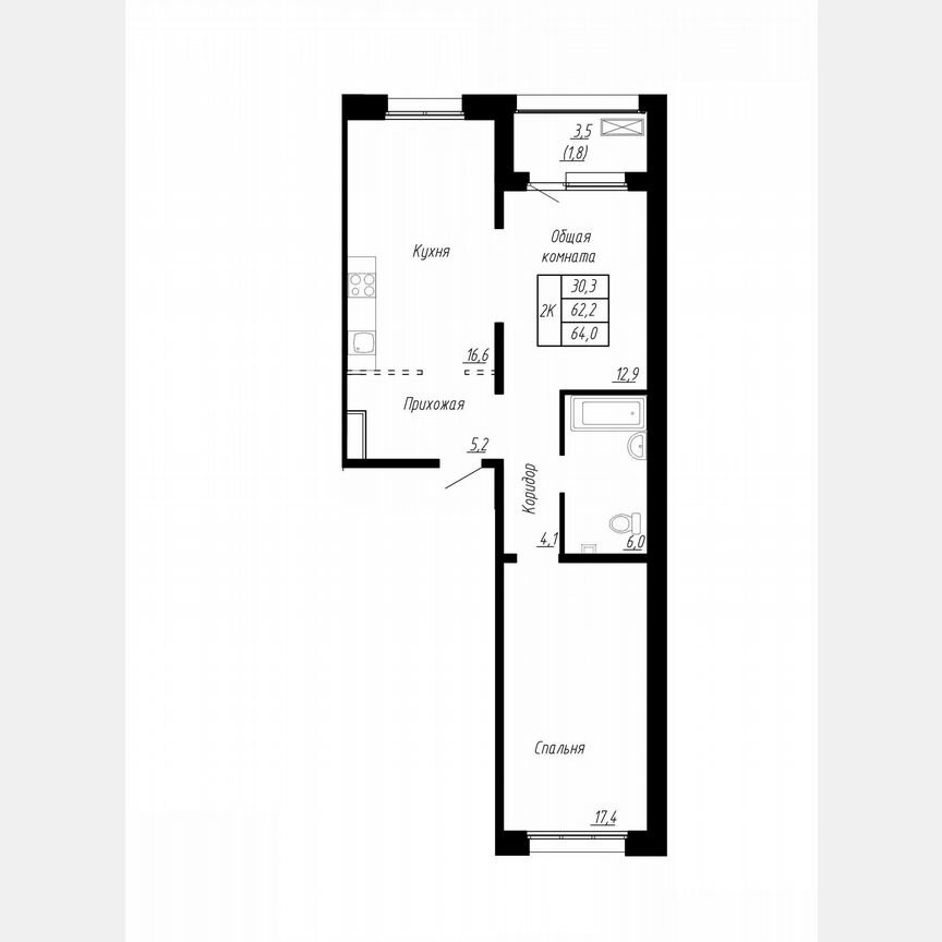2-к. квартира, 64 м², 1/17 эт.