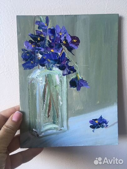 Картина маслом весна/ синие цветы