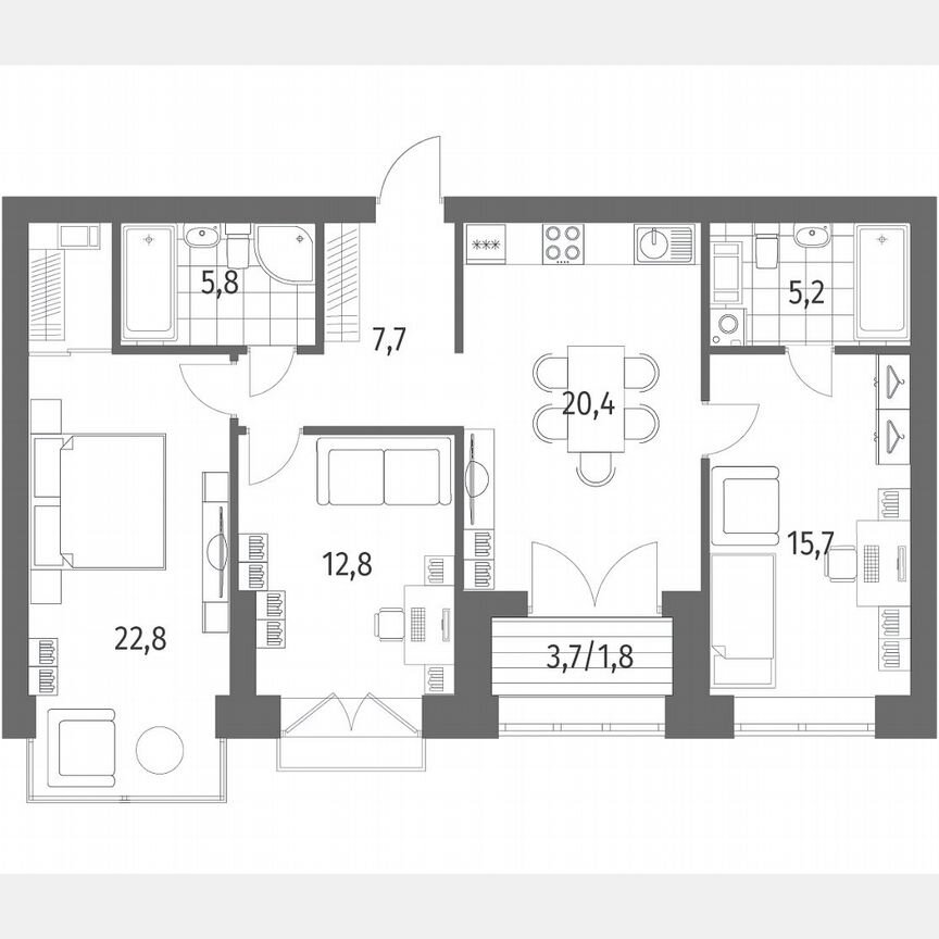3-к. квартира, 92,3 м², 9/13 эт.