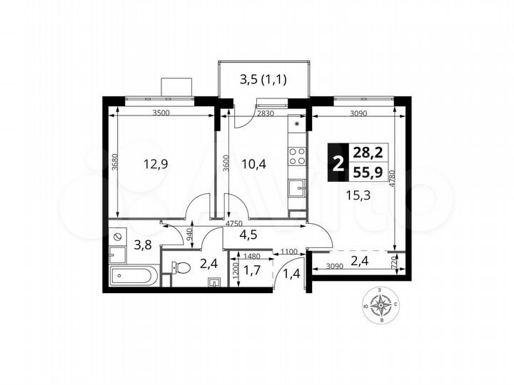 2-к. квартира, 55,9 м², 17/17 эт.